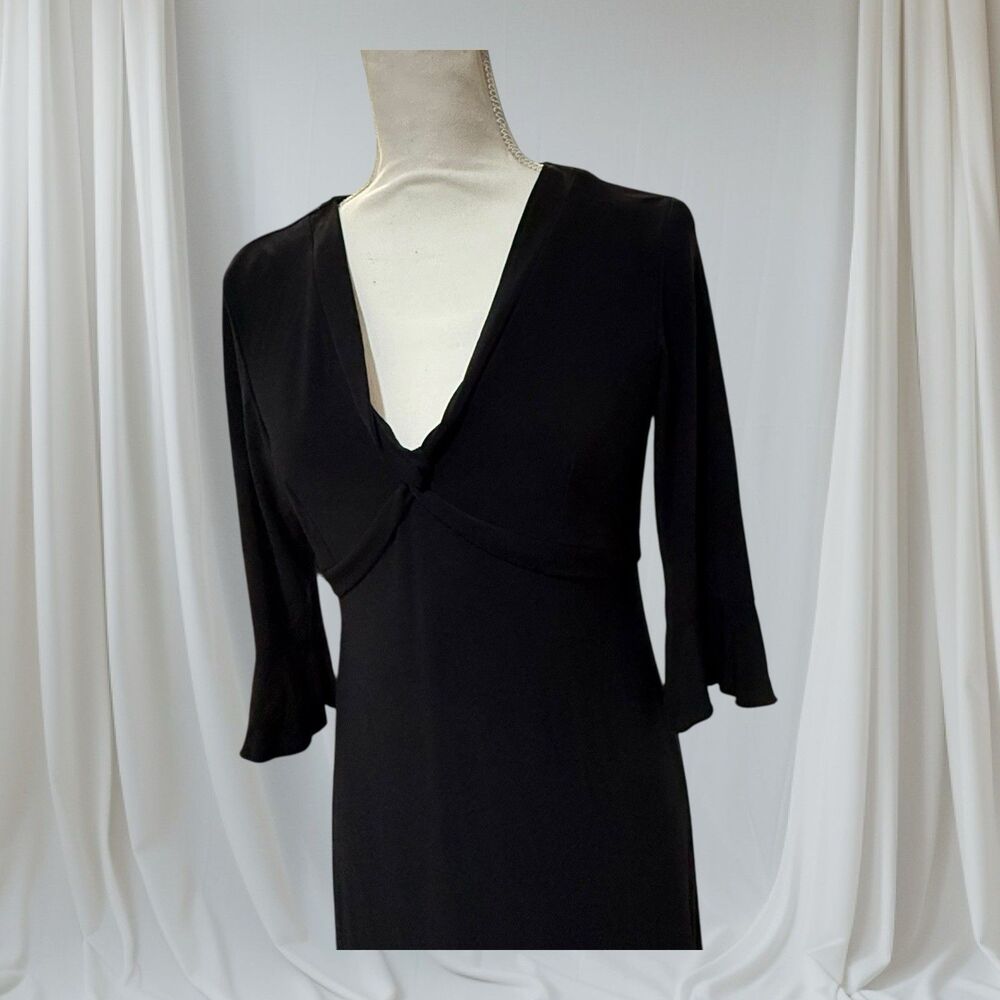 Jessica Howard Petite Vintage Black V-Neck Midi Dress 12P Bell Sleeve 90s - Picture 3 of 11